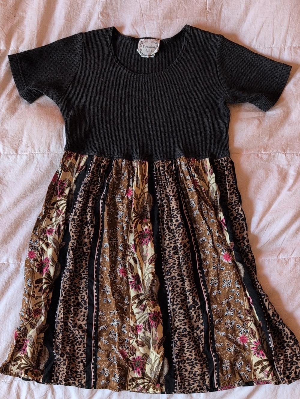 Black Top Mini Dress with Brown Floral & Animal-Print Skirt